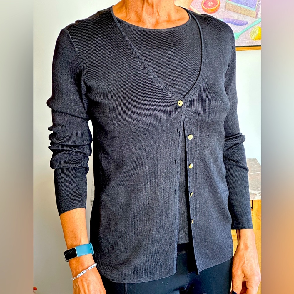 Black silk knit set. Sleeveless shell and cardigan with a V neck. Small: SFA